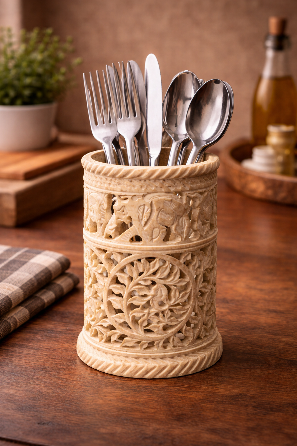 Natural stone carved holder used as small utensil organiser NZ