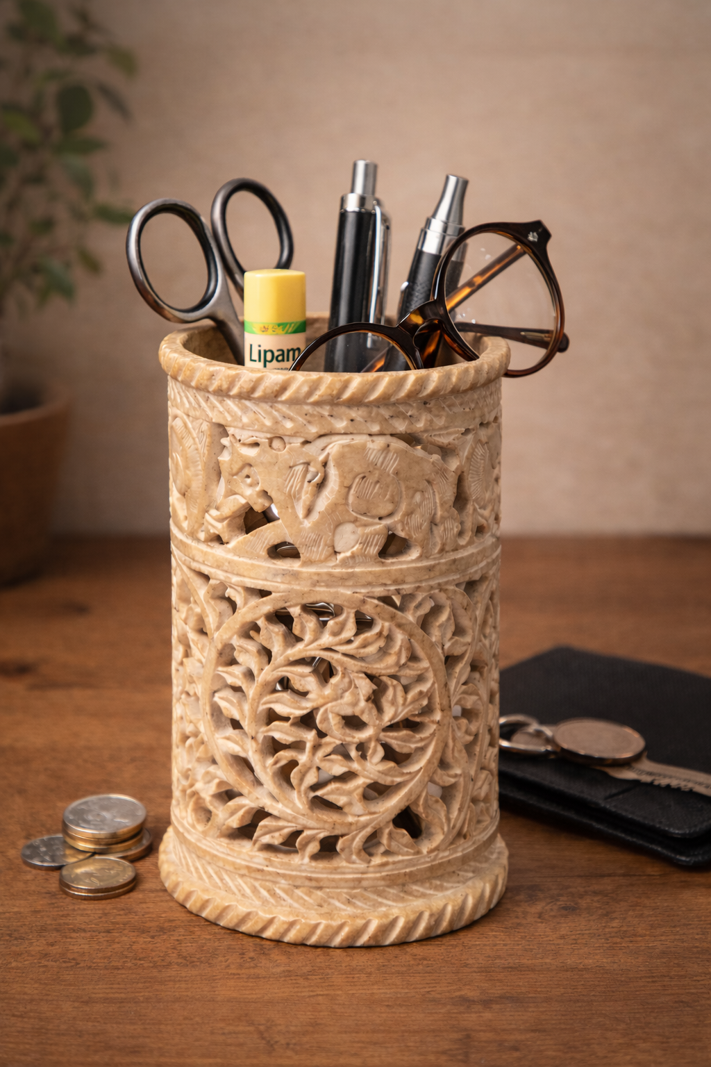Round soapstone holder used for everyday household essentials