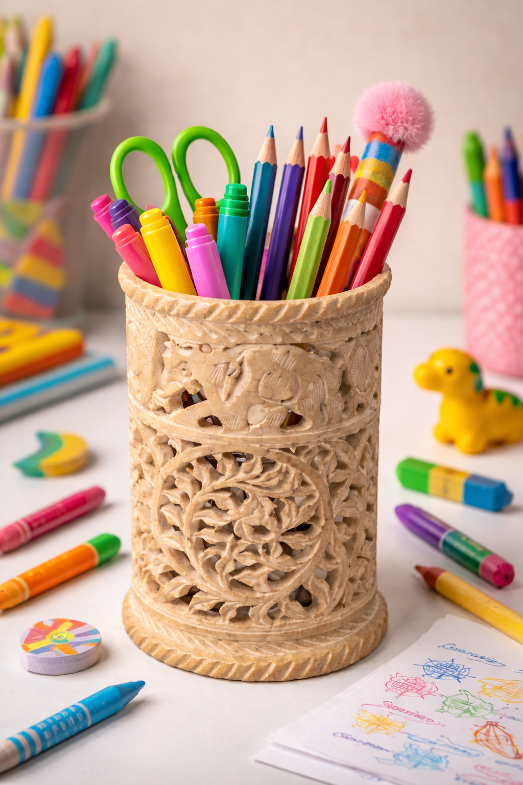 Hand-carved soapstone stand used as pencil organiser for study table