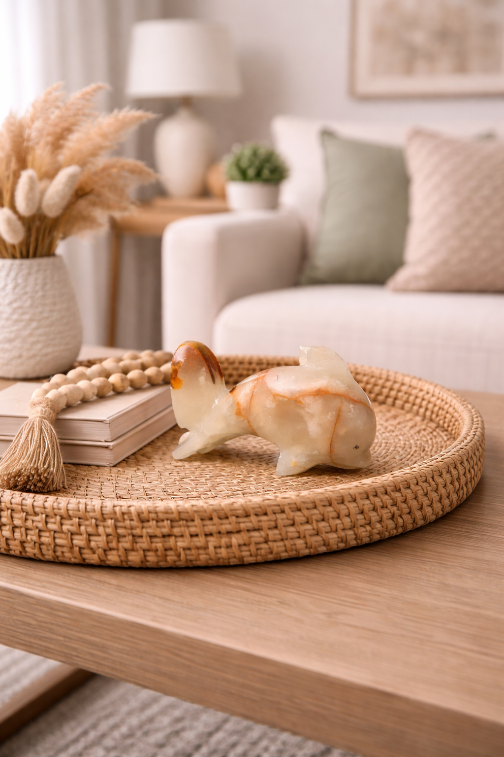 Polished onyx dolphin decor styled as coastal table centrepiece