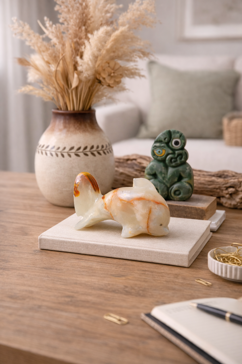 Natural onyx dolphin figurine on modern living room coffee table