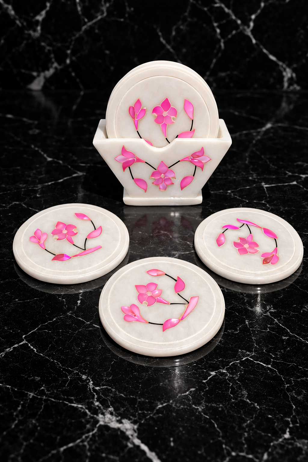 Natural marble drink coasters with pink stone inlay floral design – decorative marble coaster set with holder