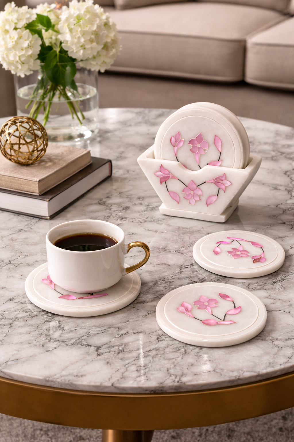 Luxury marble coasters with floral inlay on living room coffee table with coffee cup – marble drink coasters