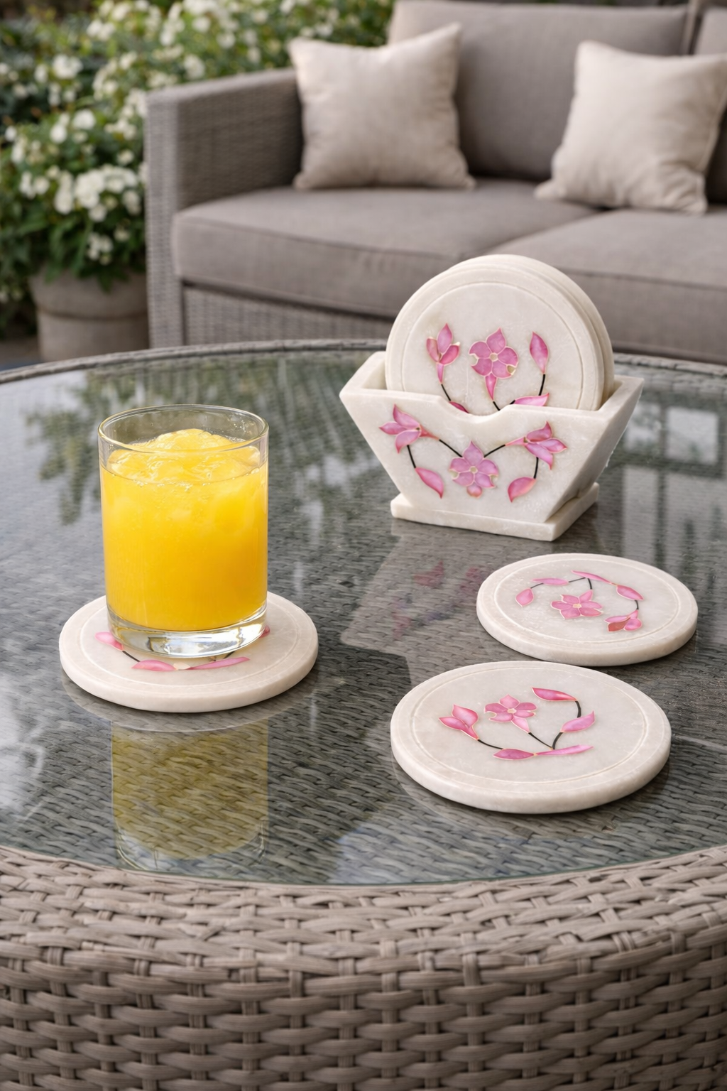 0.628 kg Natural marble coaster holder with pink floral inlay design – handcrafted luxury marble table accessory