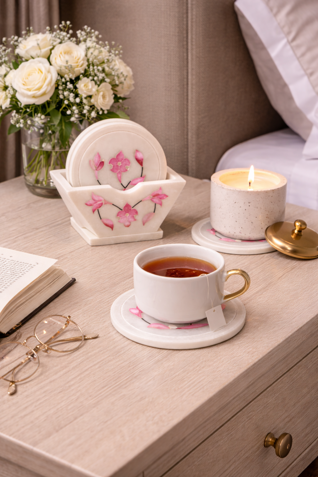 Luxury marble coaster with tea cup and candle on bedside table – decorative marble drink coaster set