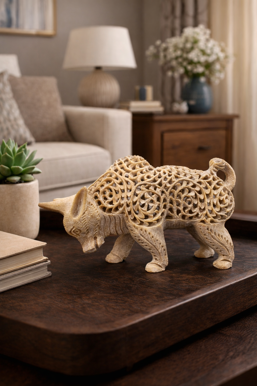 Hand carved soapstone bull sculpture used as living room table decor – elegant stone animal centerpiece