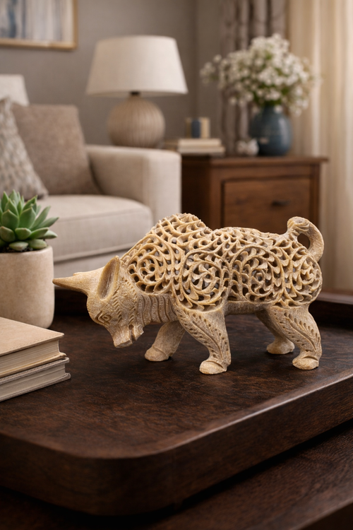 Hand carved soapstone bull sculpture used as living room table decor – elegant stone animal centerpiece