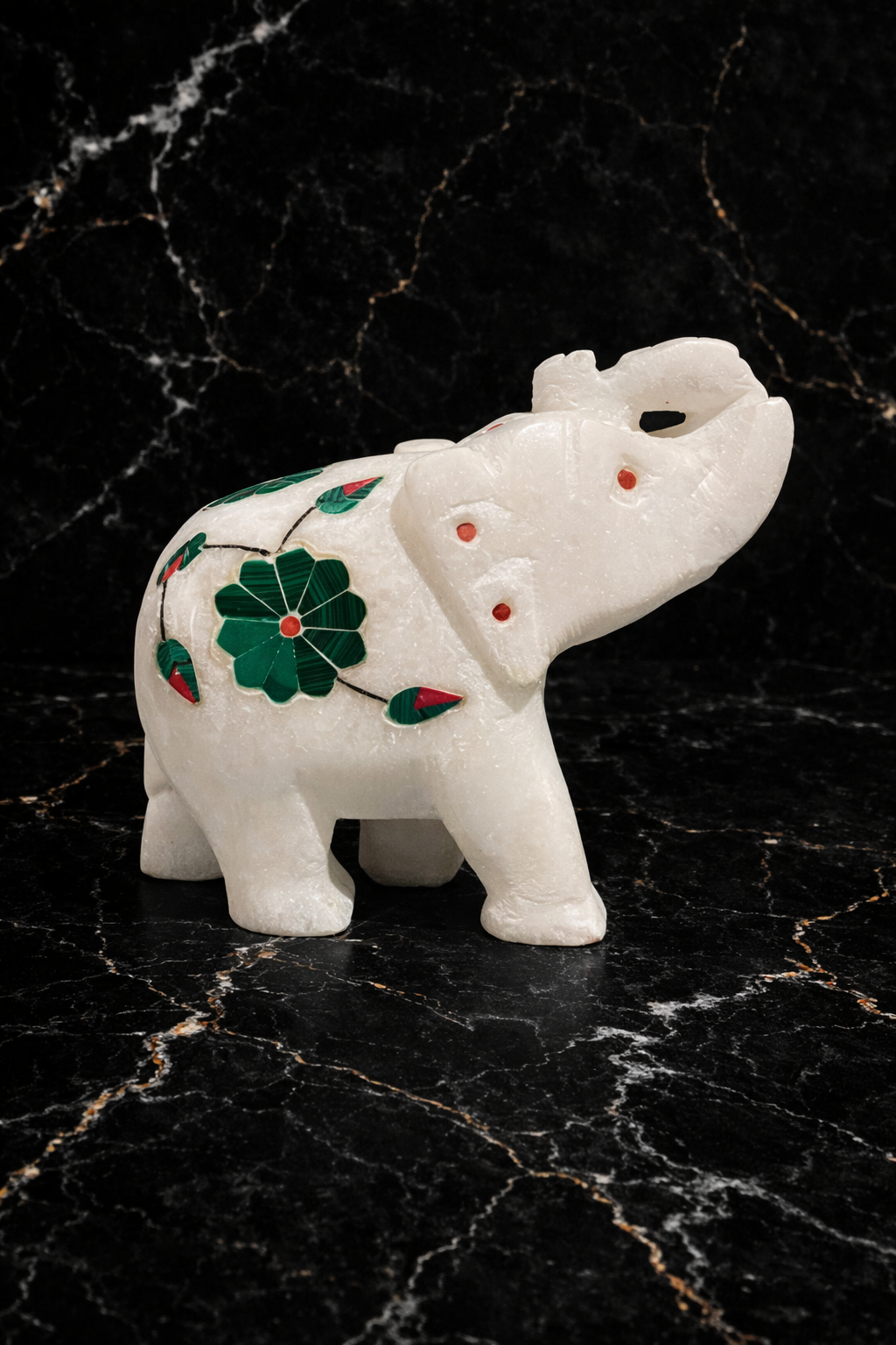 hand carved marble elephant sculpture with floral stone inlay luxury marble elephant decor natural stone elephant decor
