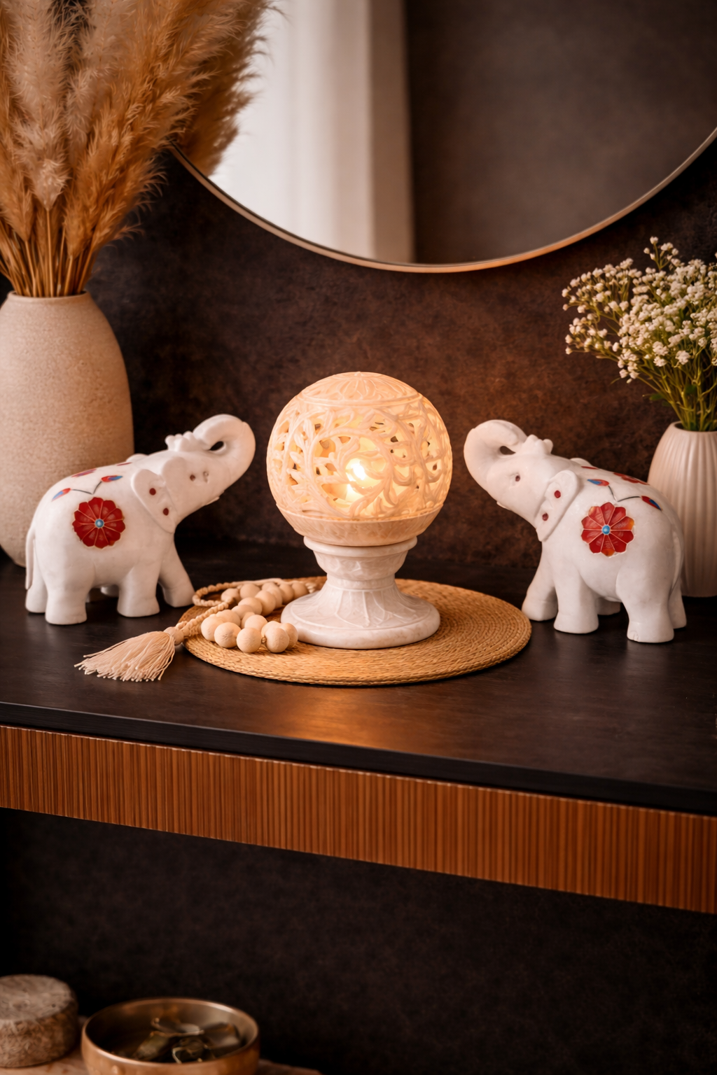 pair of marble elephants facing each other luxury console decor