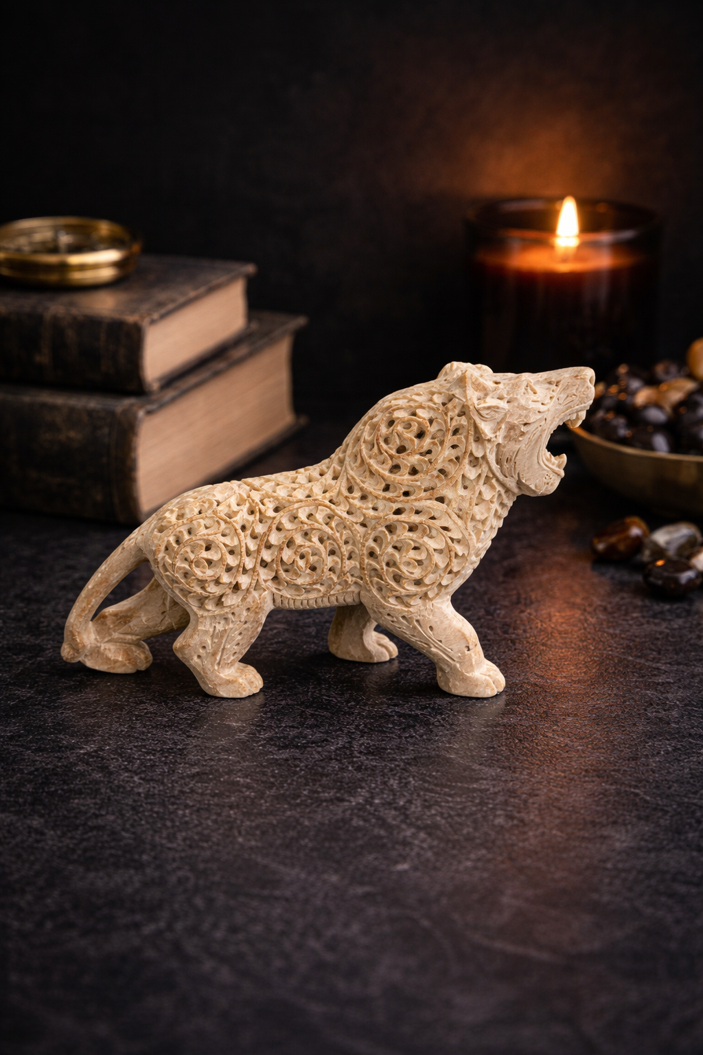 intricate soapstone lion carving detailed openwork stone sculpture premium handcrafted decor nz