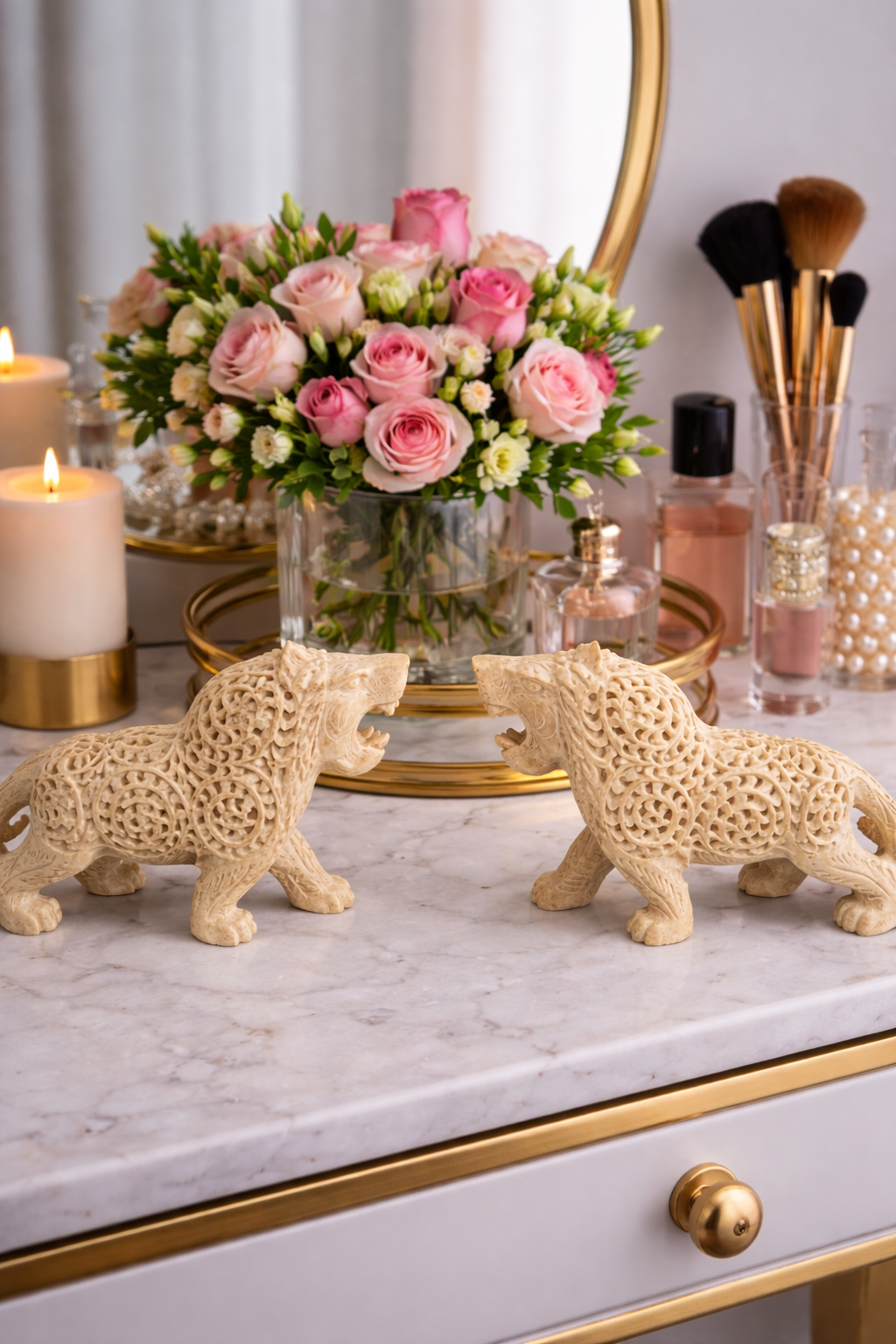 soapstone lion statues vanity table decor luxury home styling nz with flowers candles and perfume setup
