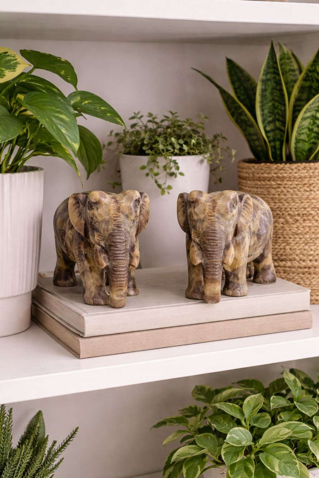 small elephant figurine bookshelf decor greenery styling nz