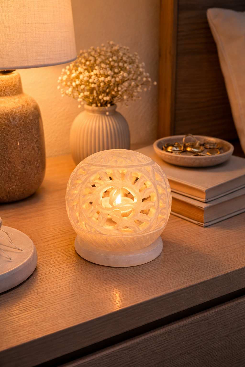 marble tealight candle holder on bedside table creating romantic lighting bedroom decor nz