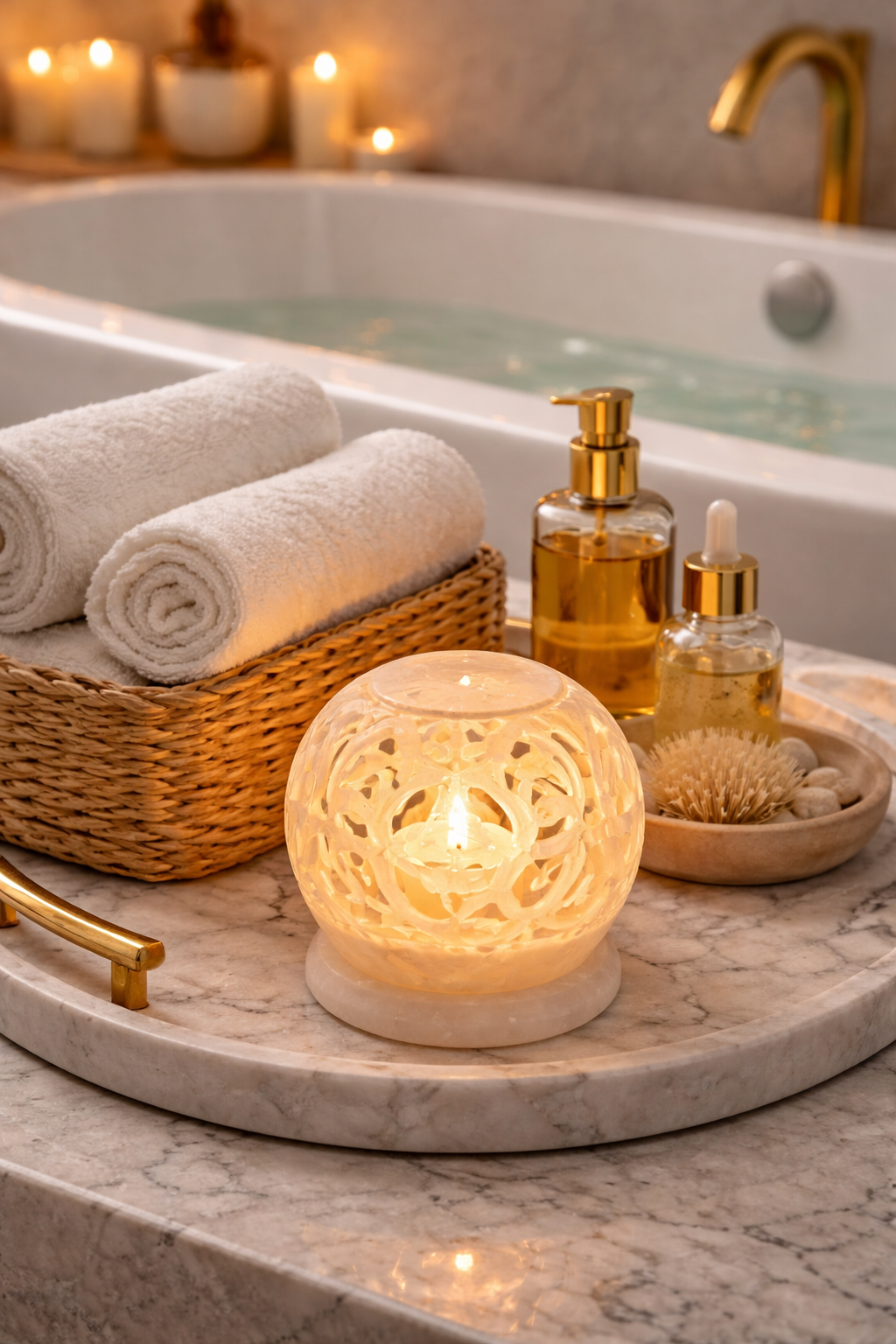 marble tealight candle holder in bathroom spa setup with towels and oils relaxing decor nz
