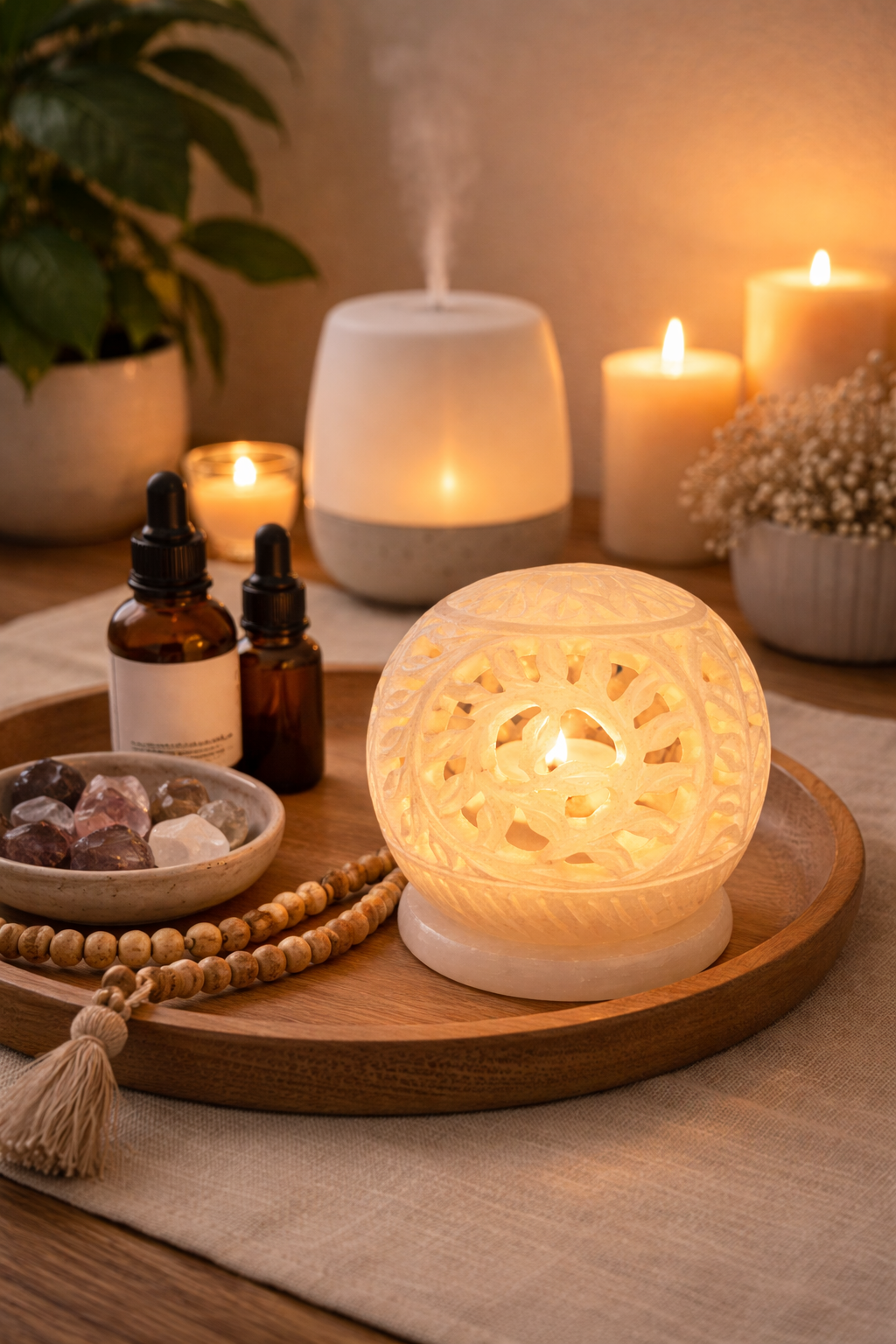 marble tealight candle holder with essential oils in aromatherapy room relaxing ambient decor nz