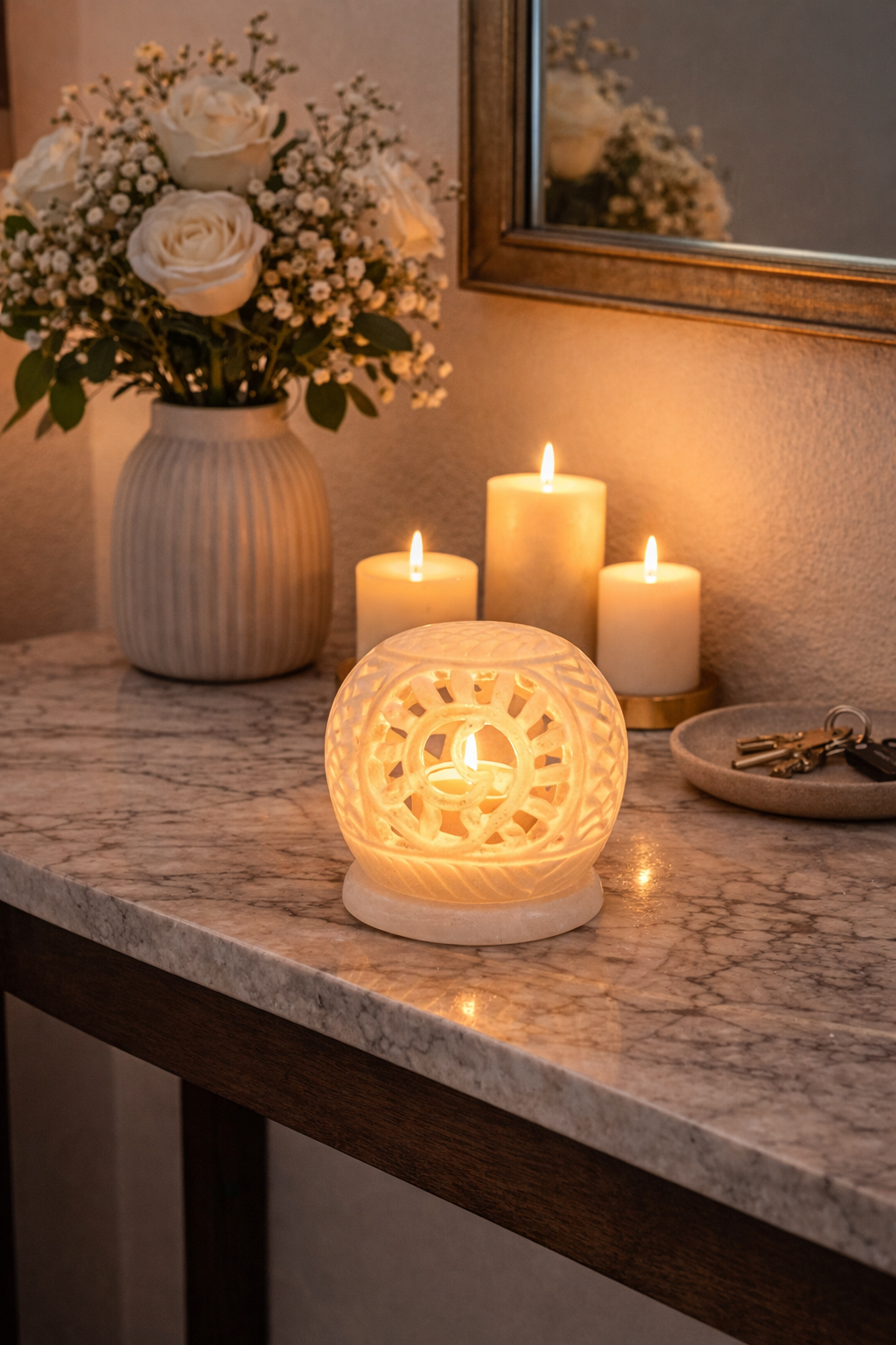 marble tealight candle holder on entry console table with candles and flower vase nz home styling decor