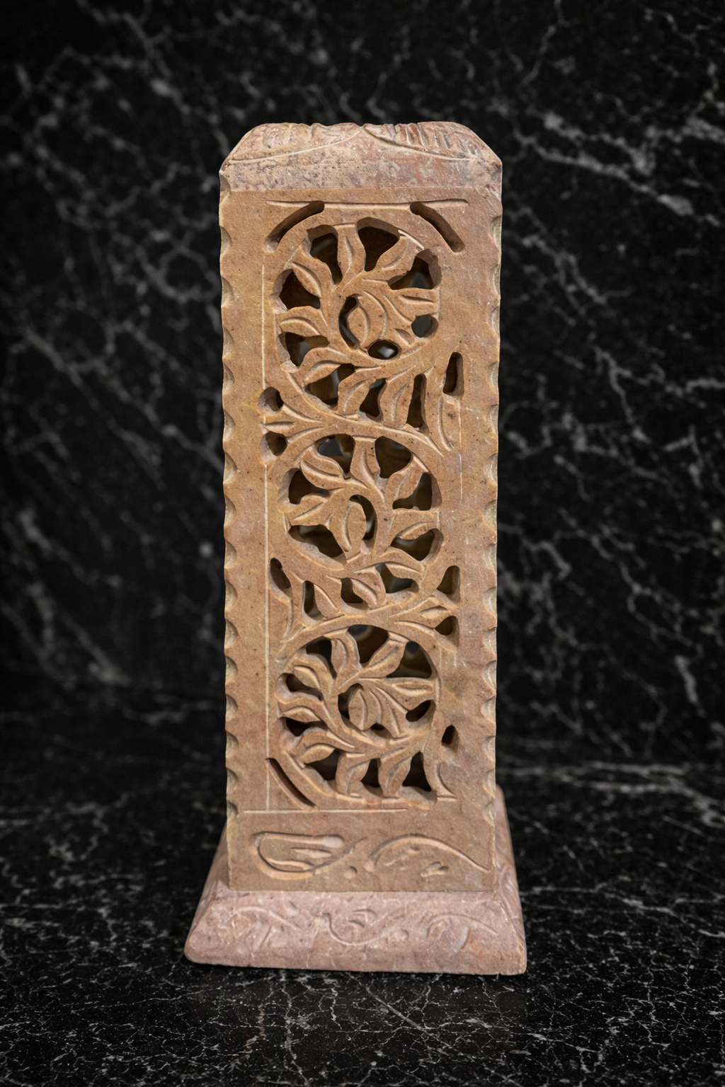 hand carved soapstone tealight holder nz floral candle lantern on black marble background luxury home decor