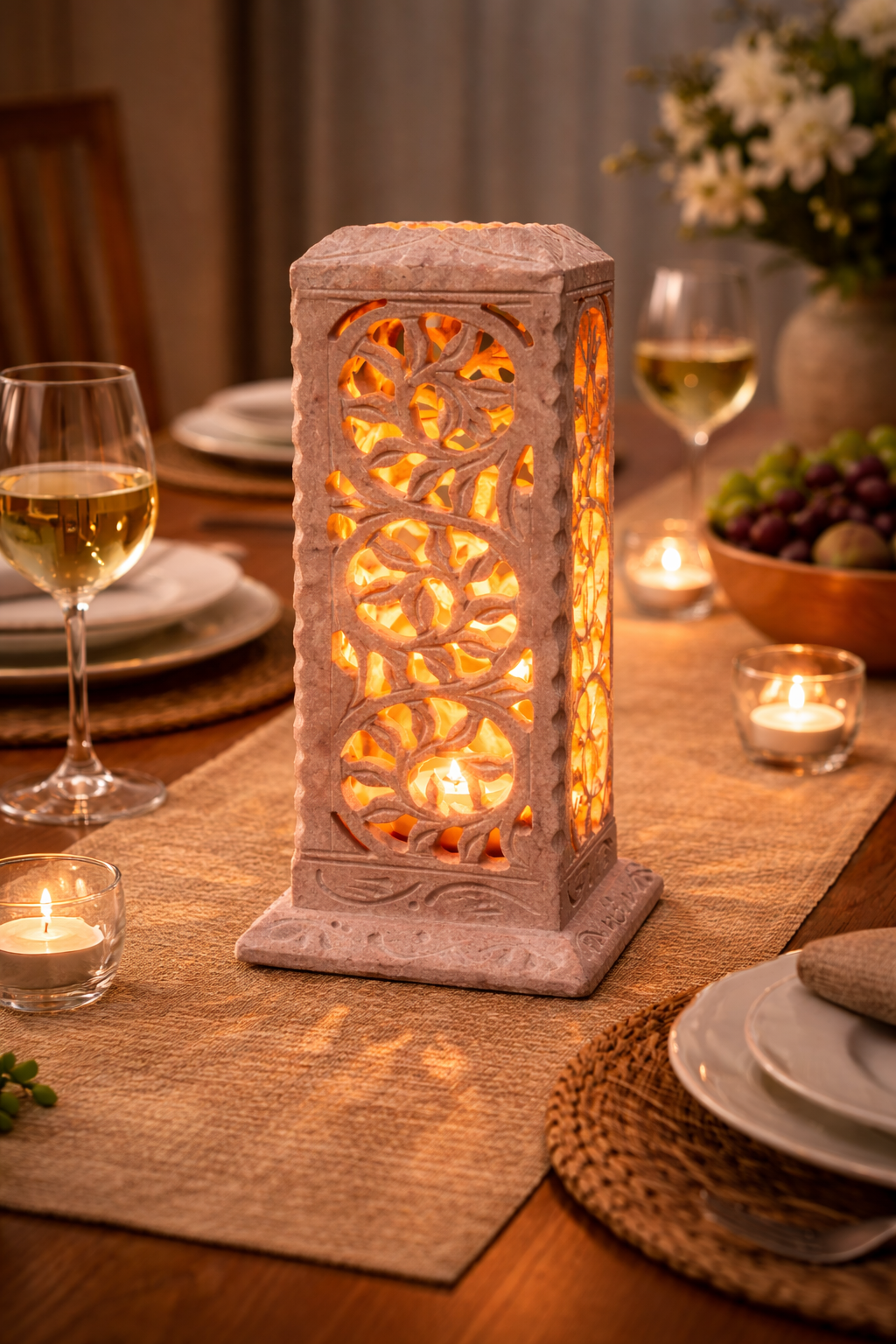 soapstone tealight holder centerpiece on dining table with candles elegant dinner decor nz ambient lighting