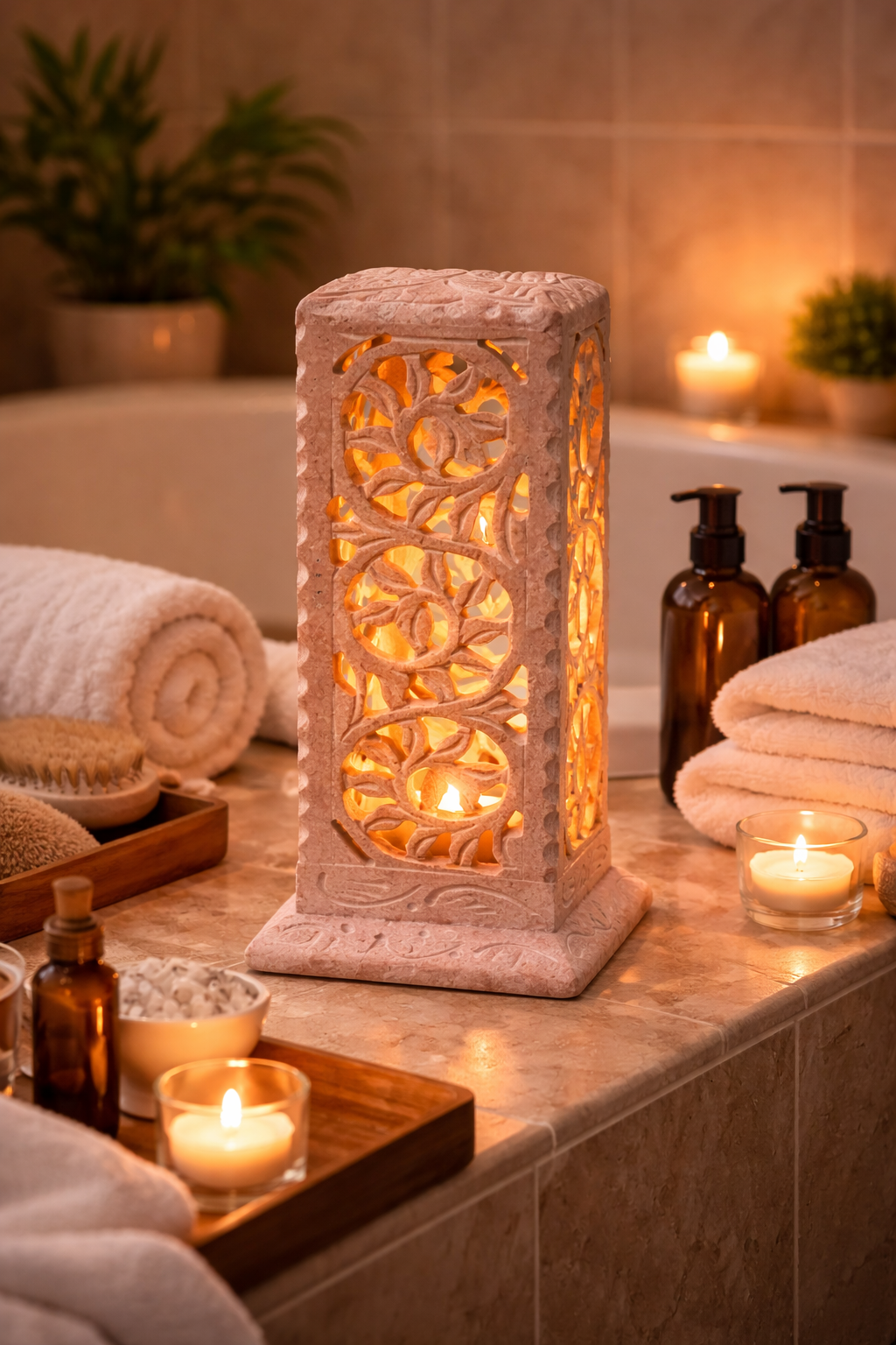 soapstone candle holder spa decor bathroom tealight holder with towels and candles relaxing ambience nz