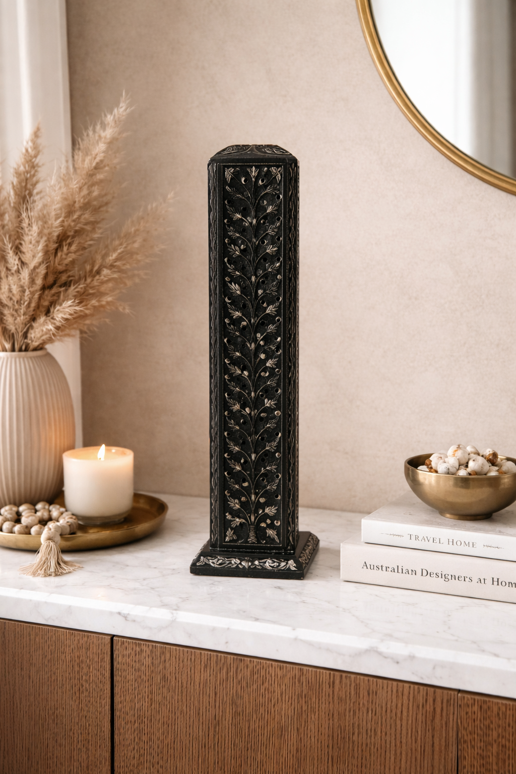 luxury black stone candle holder with leaf carving styled with pampas grass modern decor NZ