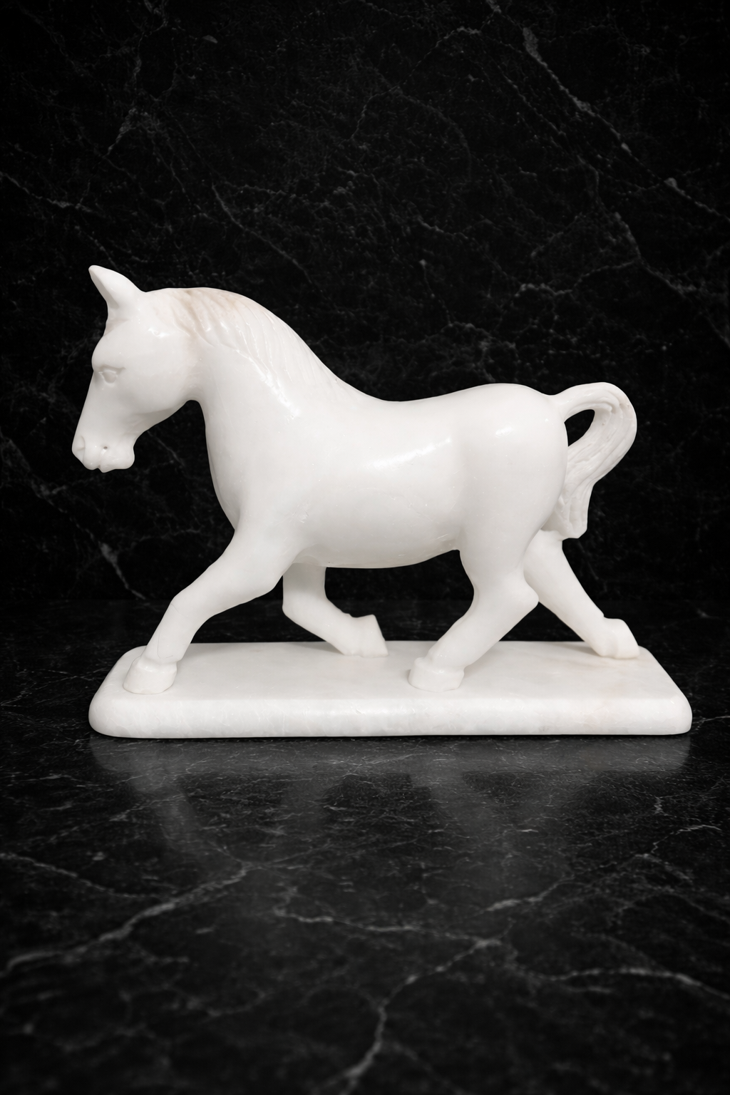 white marble horse sculpture on black marble background luxury decor product nz