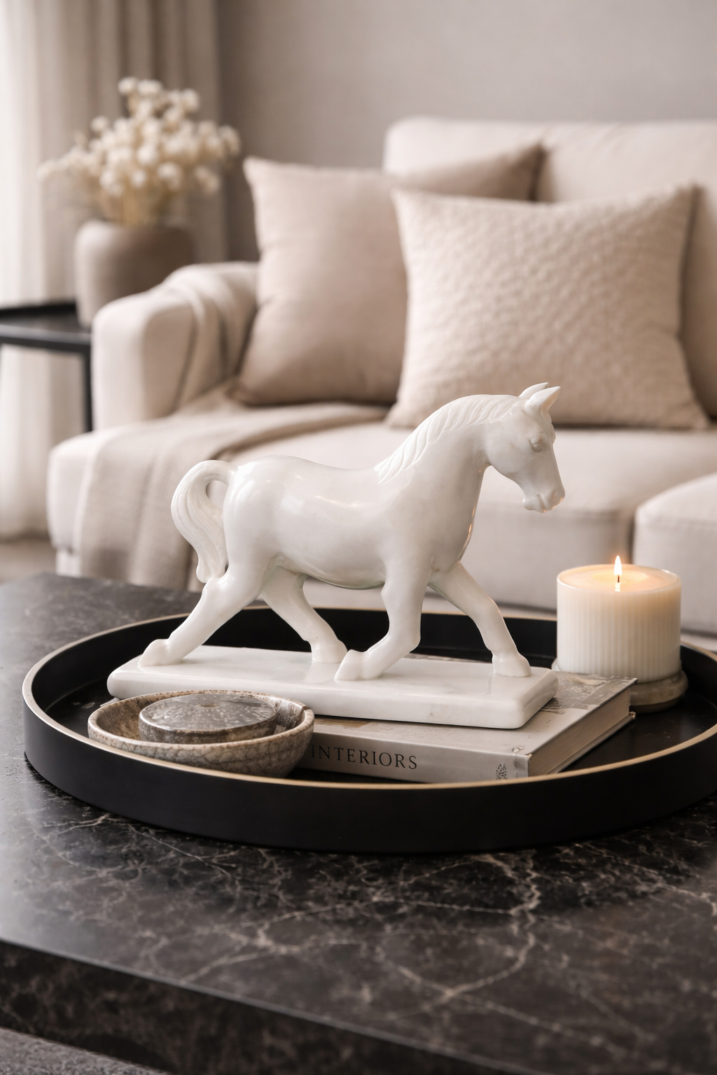 marble horse decor on coffee table tray with candle and books modern living room nz