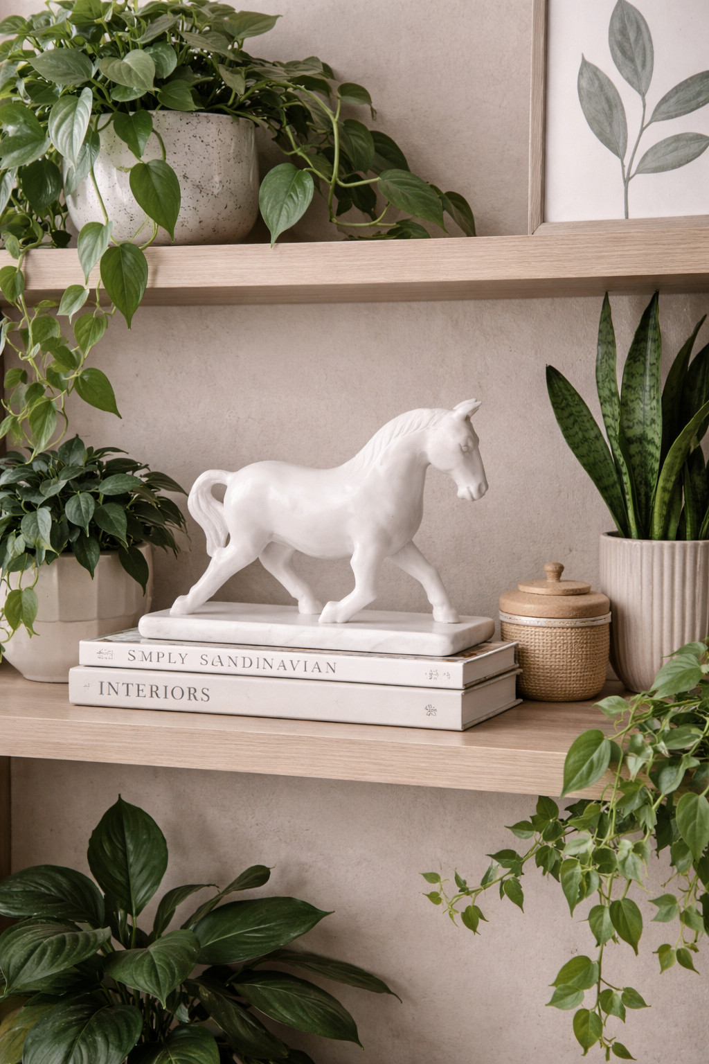 marble horse decor on wooden shelf with indoor plants modern home styling nz