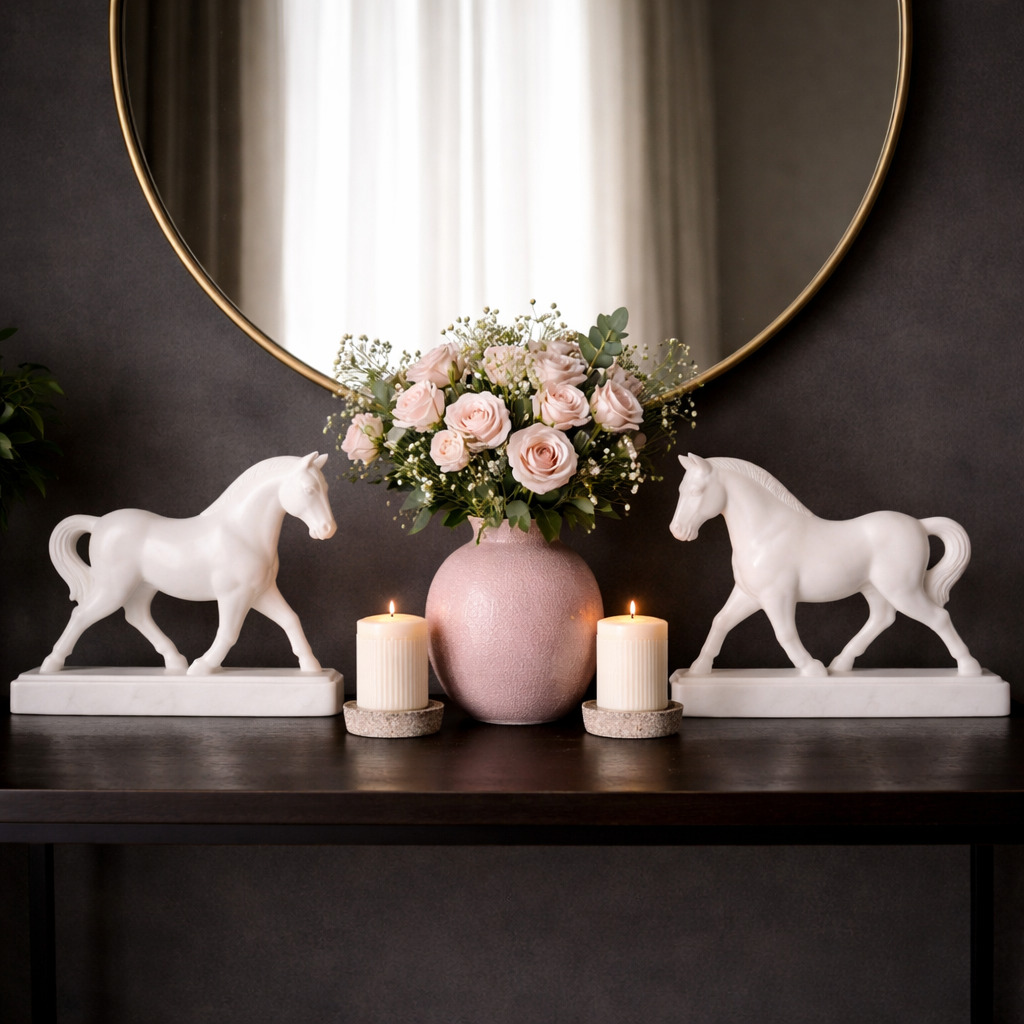 pair of marble horse figurines on entryway table with flowers and mirror premium home decor nz