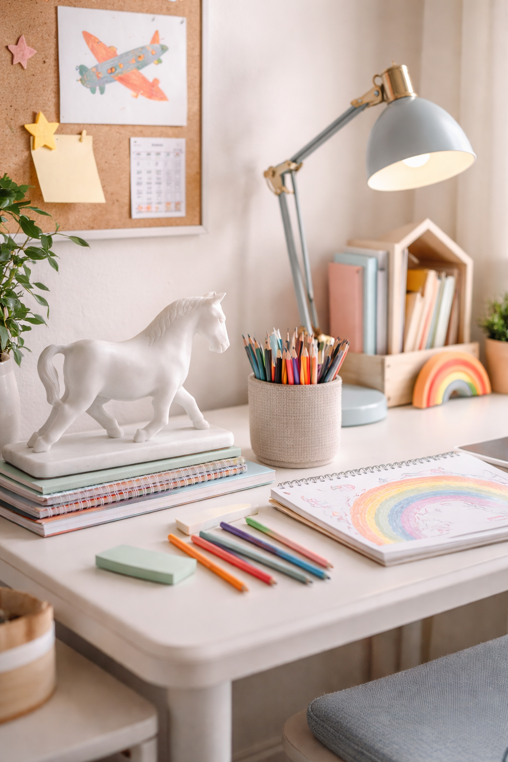 white marble horse sculpture on study desk with stationery kids room decor nz