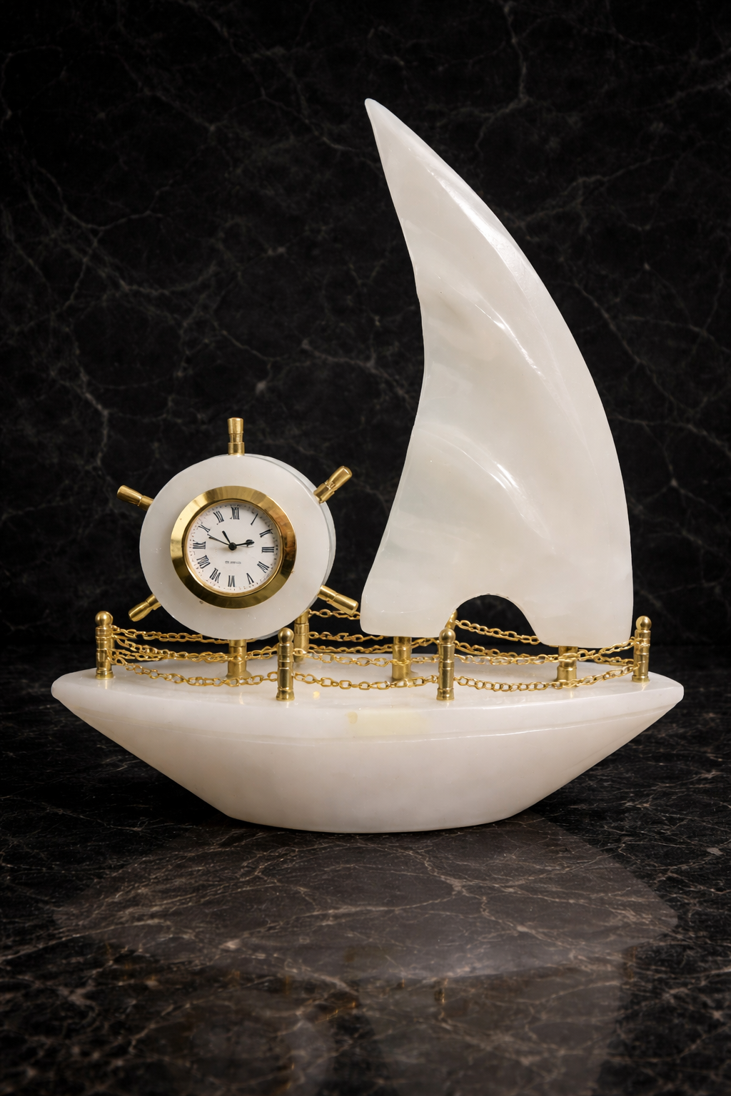 close up onyx sailboat clock gold detailing luxury stone craftsmanship nz premium decor product detail