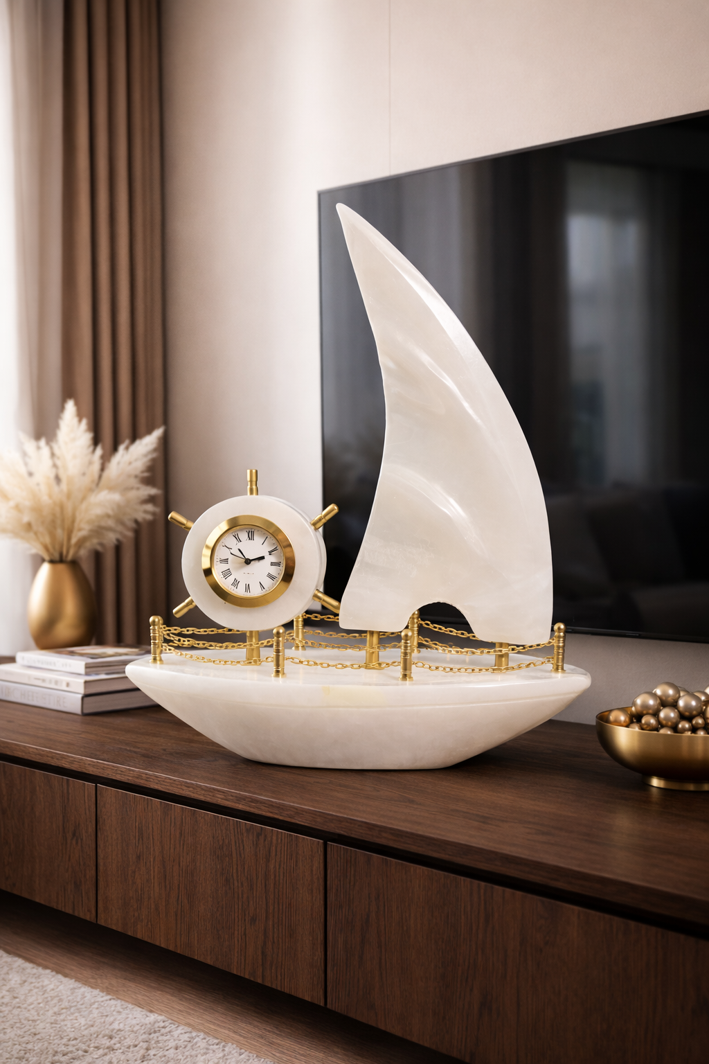 onyx sailboat clock on tv console table nz luxury living room decor modern marble styling home accessories new zealand