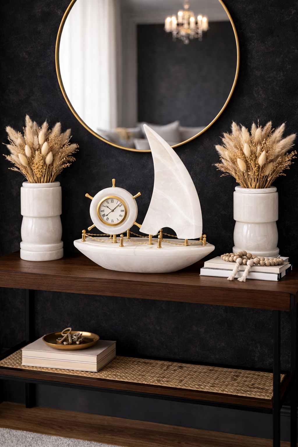 entryway console styling nz with onyx clock and pampas vase decor luxury modern interior design new zealand