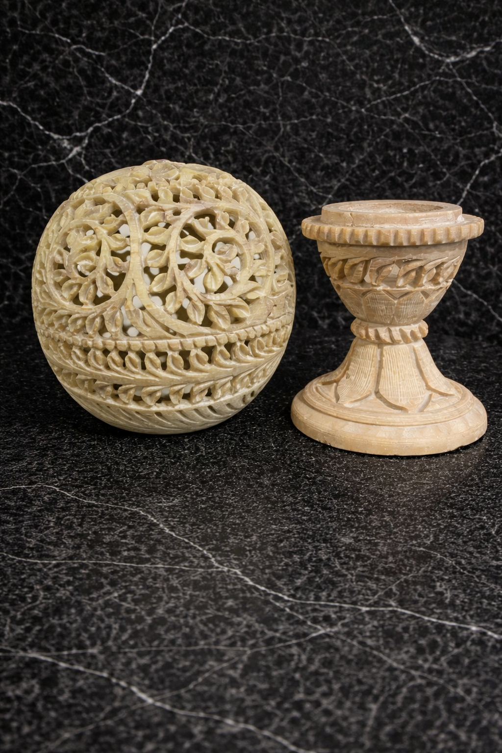 inside soapstone tealight holder showing candle space handcrafted stone lantern floral cutwork detail