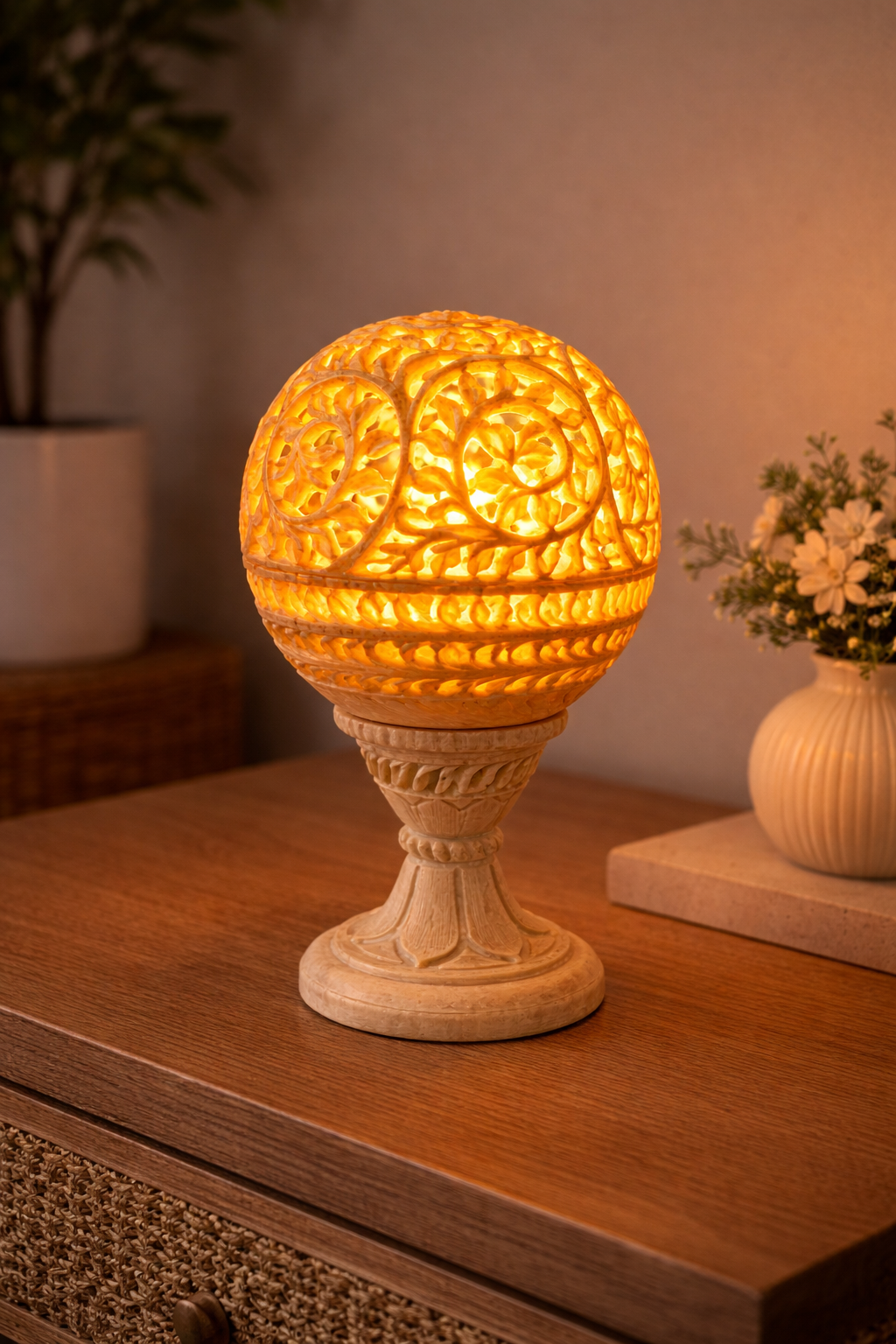 glowing soapstone tealight holder floral light pattern ambient LED candle holder cozy home lighting decor