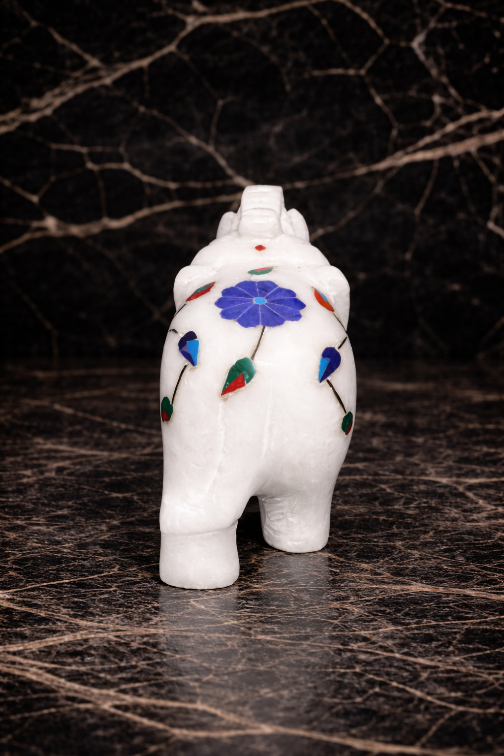 rear view white marble elephant figurine with floral inlay stonework handcrafted decor