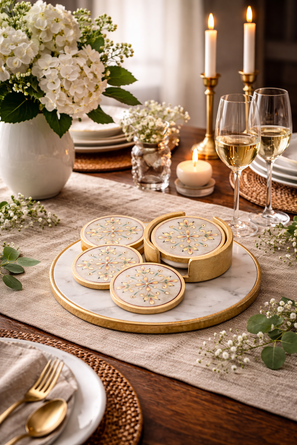 Hand painted marble coaster set with floral design on a dining table beside wine glasses and candles.