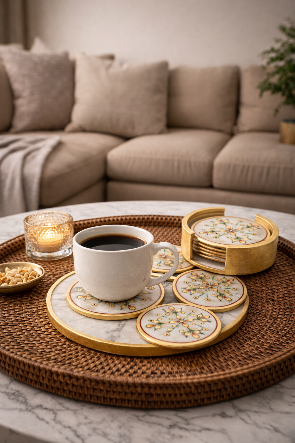Premium marble drink coasters with hand painted floral pattern on a coffee table centrepiece nz
