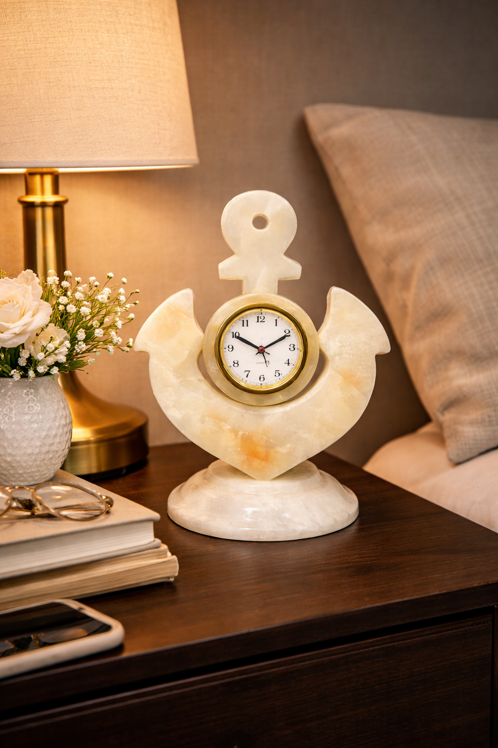 0.439kg Hand-carved onyx anchor desk clock styled as luxury bedside table décor with lamp, books, and flowers in a modern bedroom setting