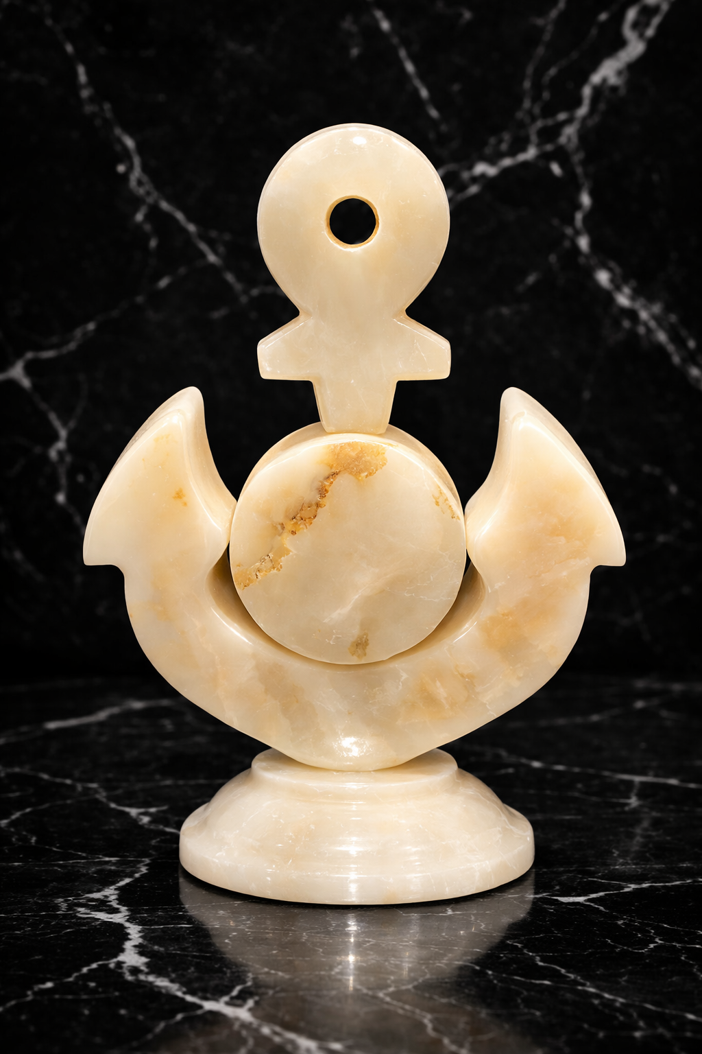 Hand-carved white onyx anchor decorative sculpture displayed on black marble background, luxury stone home décor accent.