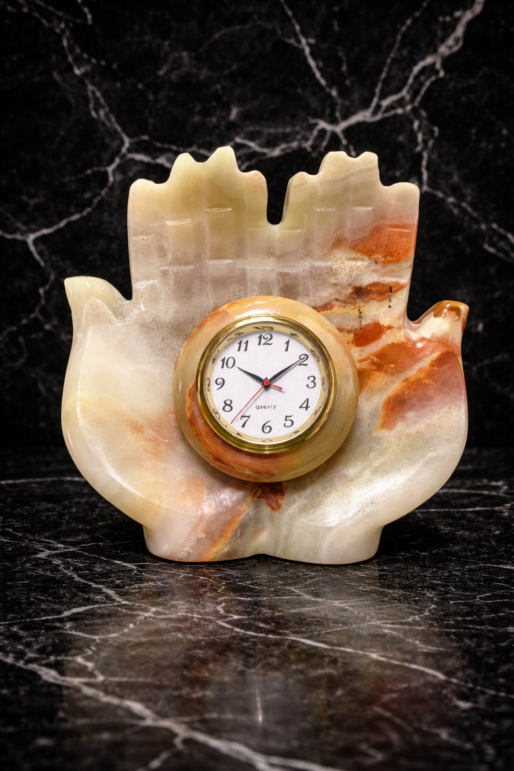 Hand Shap natural onyx hand shaped table clock luxury stone décor with black marble background