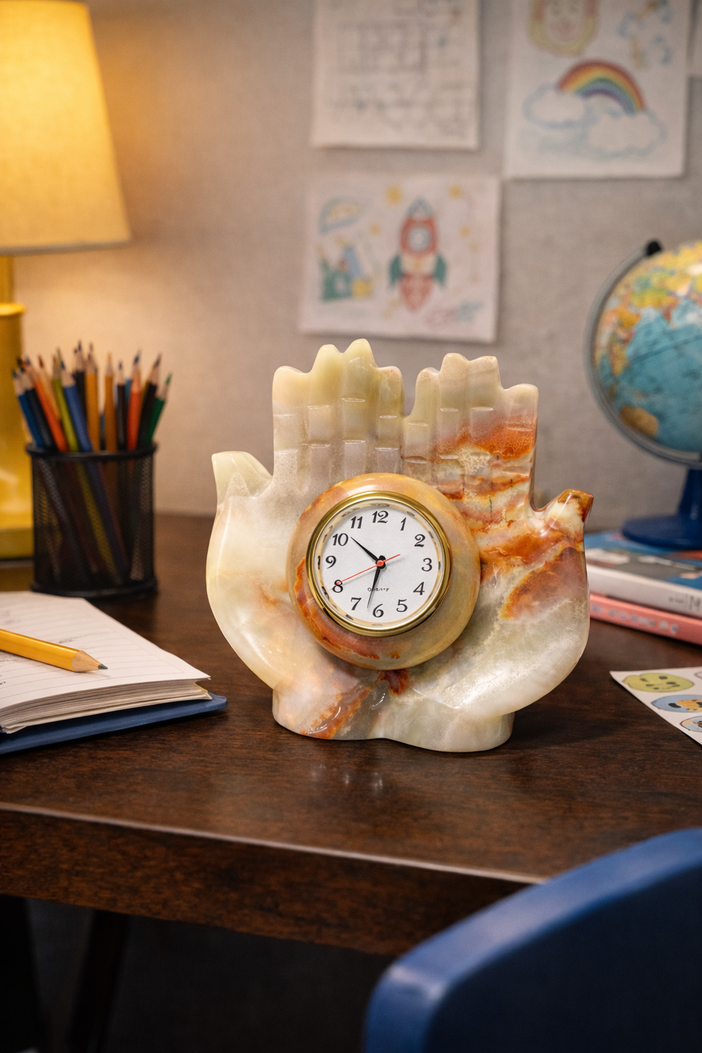 Hand carved natural onyx hand shaped table clock decorative stone desk clock for study table or office décor
