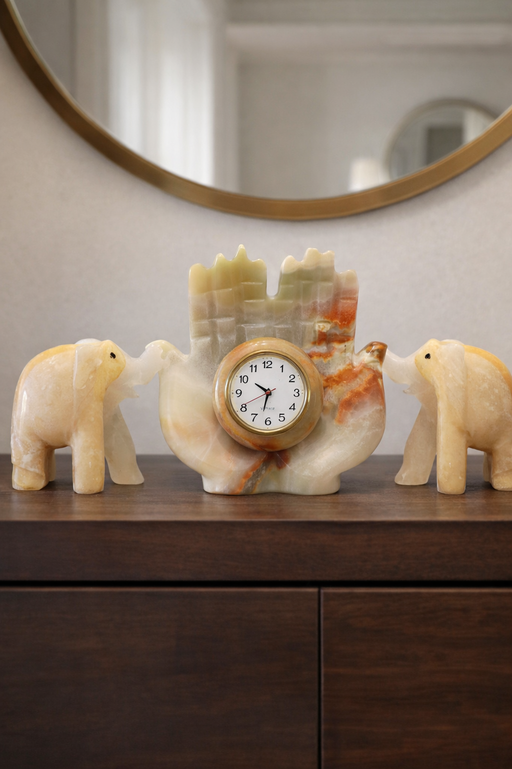 Unique natural stone onyx hand shaped clock decorative accent for living room console table