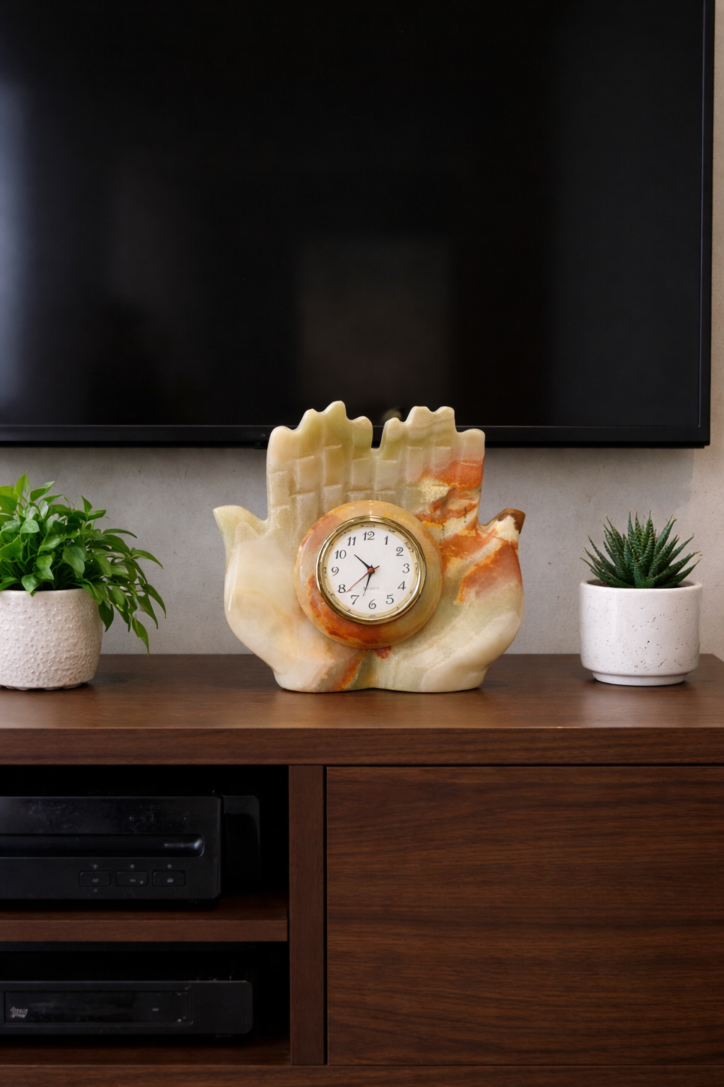 Luxury hand carved onyx desk clock placed on wooden TV unit modern home décor nz