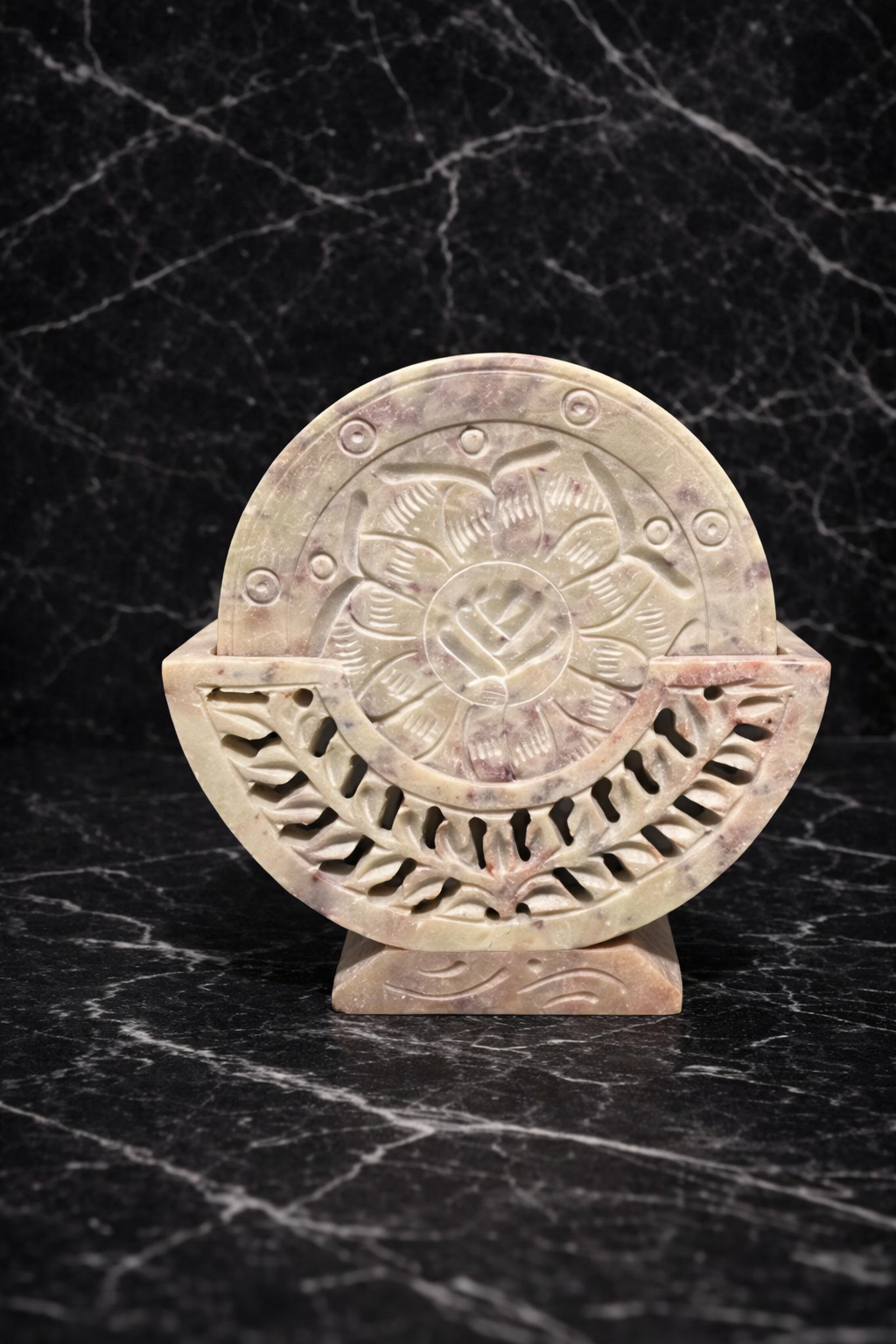 0.633 kg Luxury soapstone drink coasters with lotus carving and matching holder