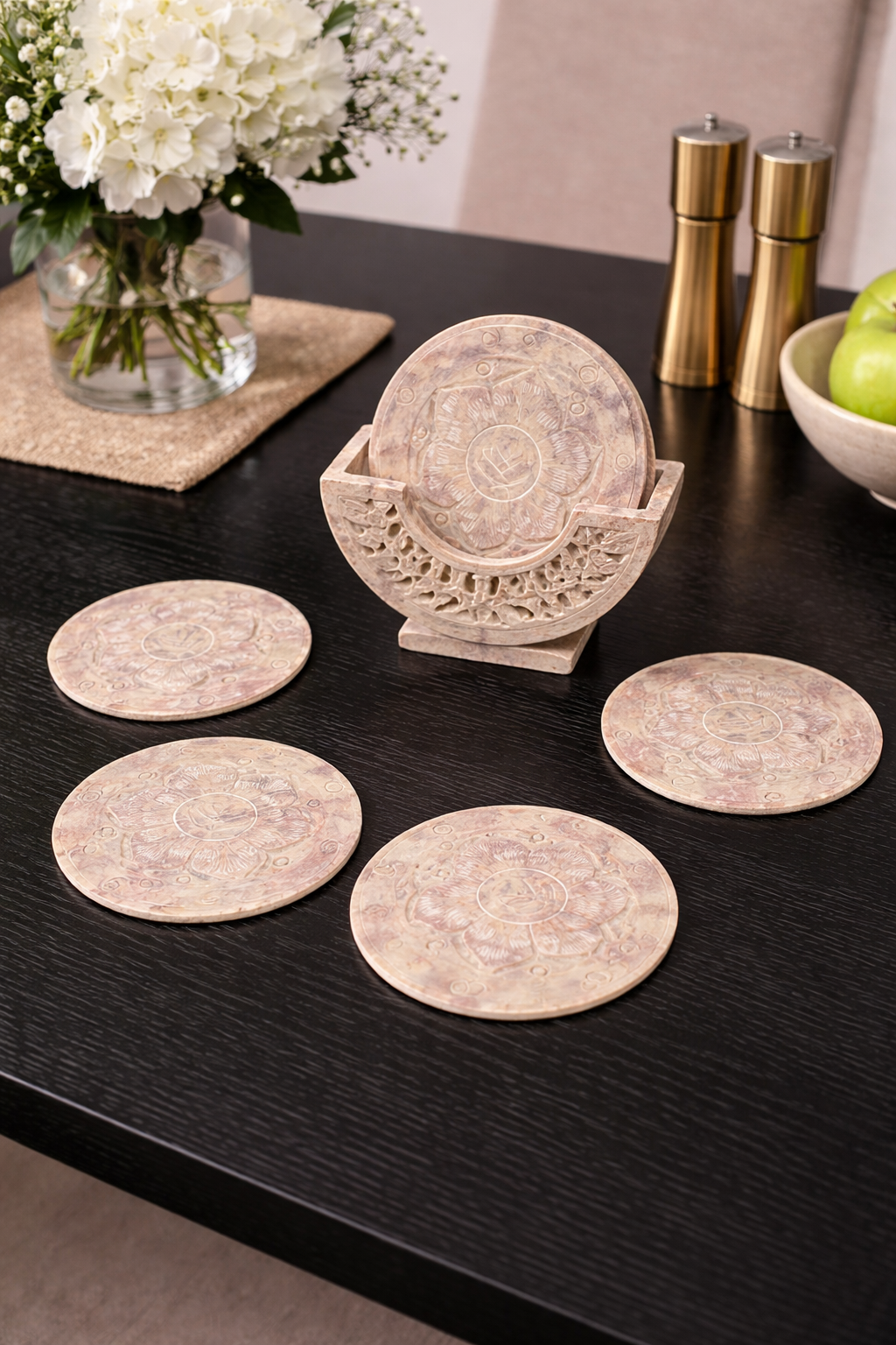 Luxury lotus design stone coasters with holder on black dining table nz