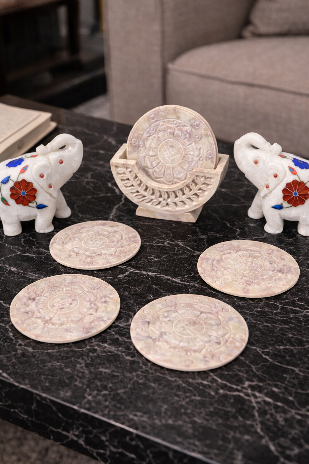 Natural stone lotus coaster set protecting coffee table surfaces