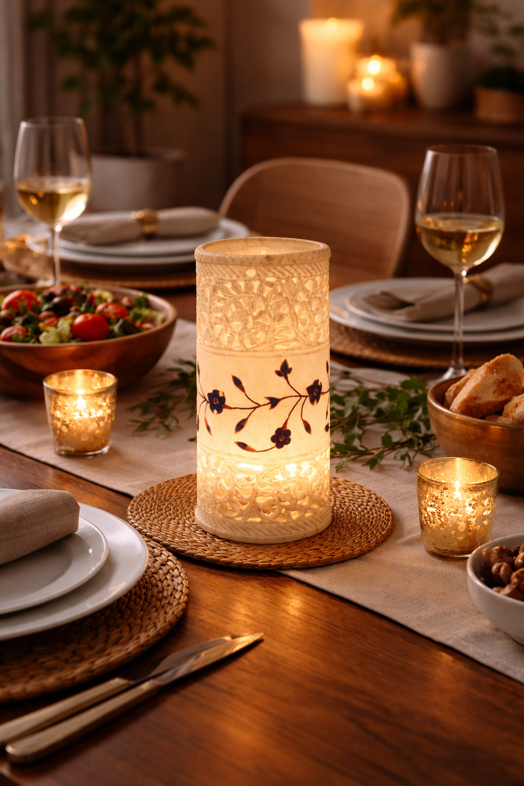 Premium marble tealight holder lamp styled on dinning table