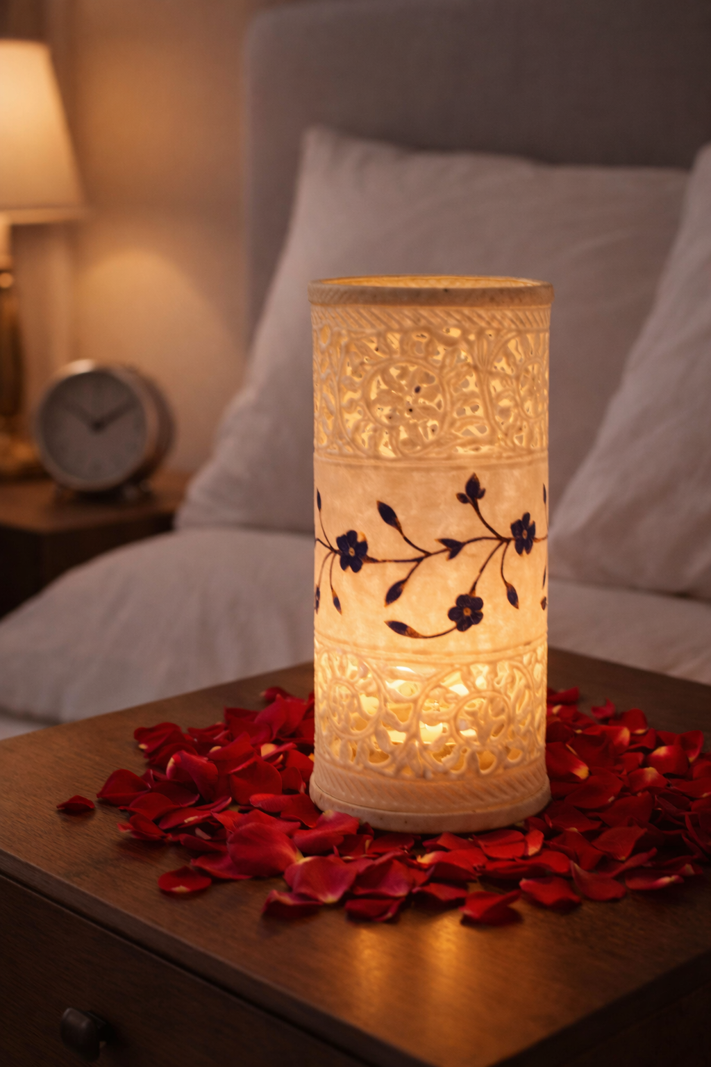 Decorative marble candle lantern with floral inlay pattern and soft warm lighting
