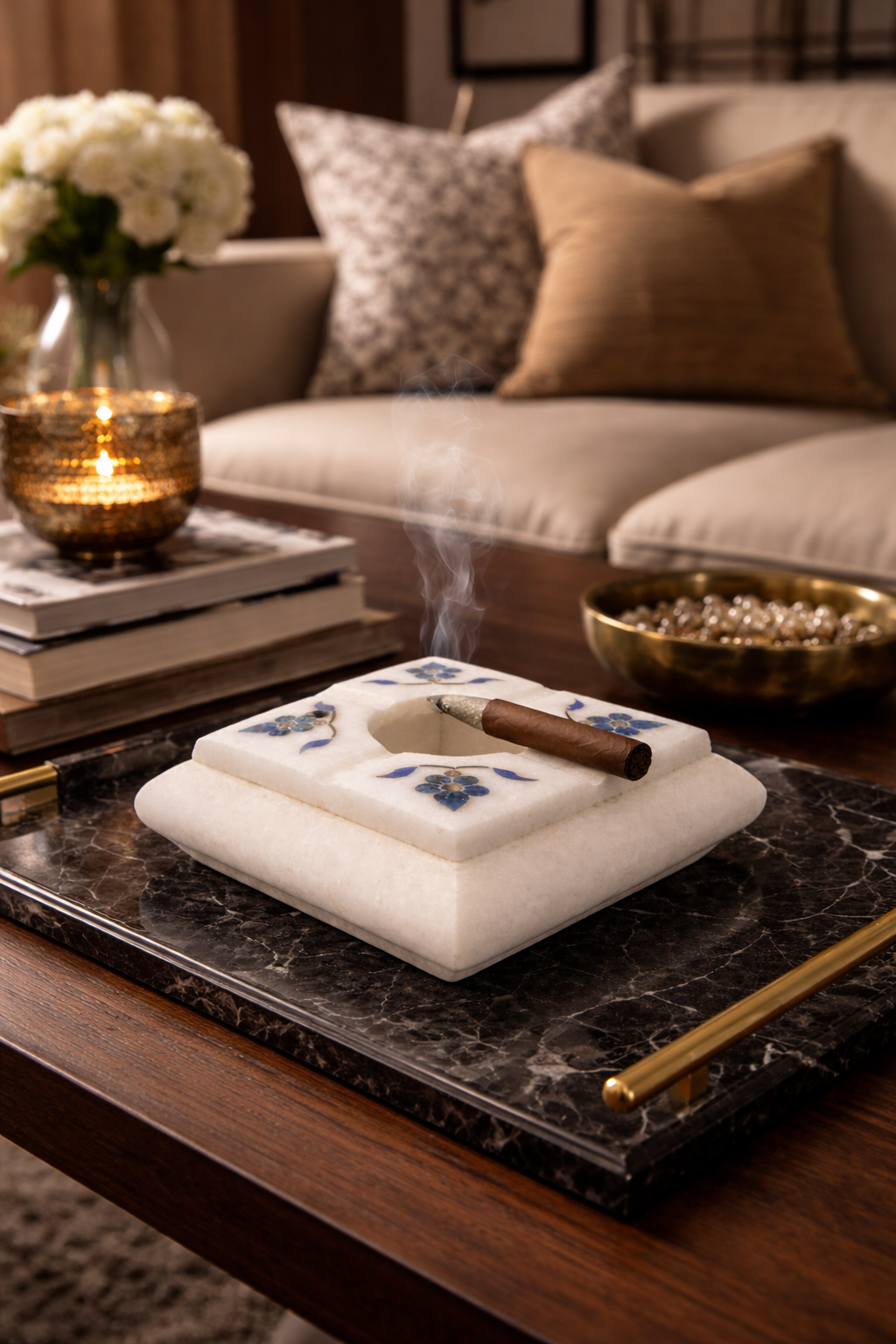 0.255 kg White marble cigar ashtray with blue floral inlay on living room coffee table nz