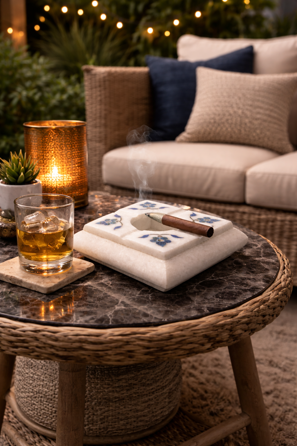 White marble cigar ashtray with blue floral inlay on outdoor patio coffee table